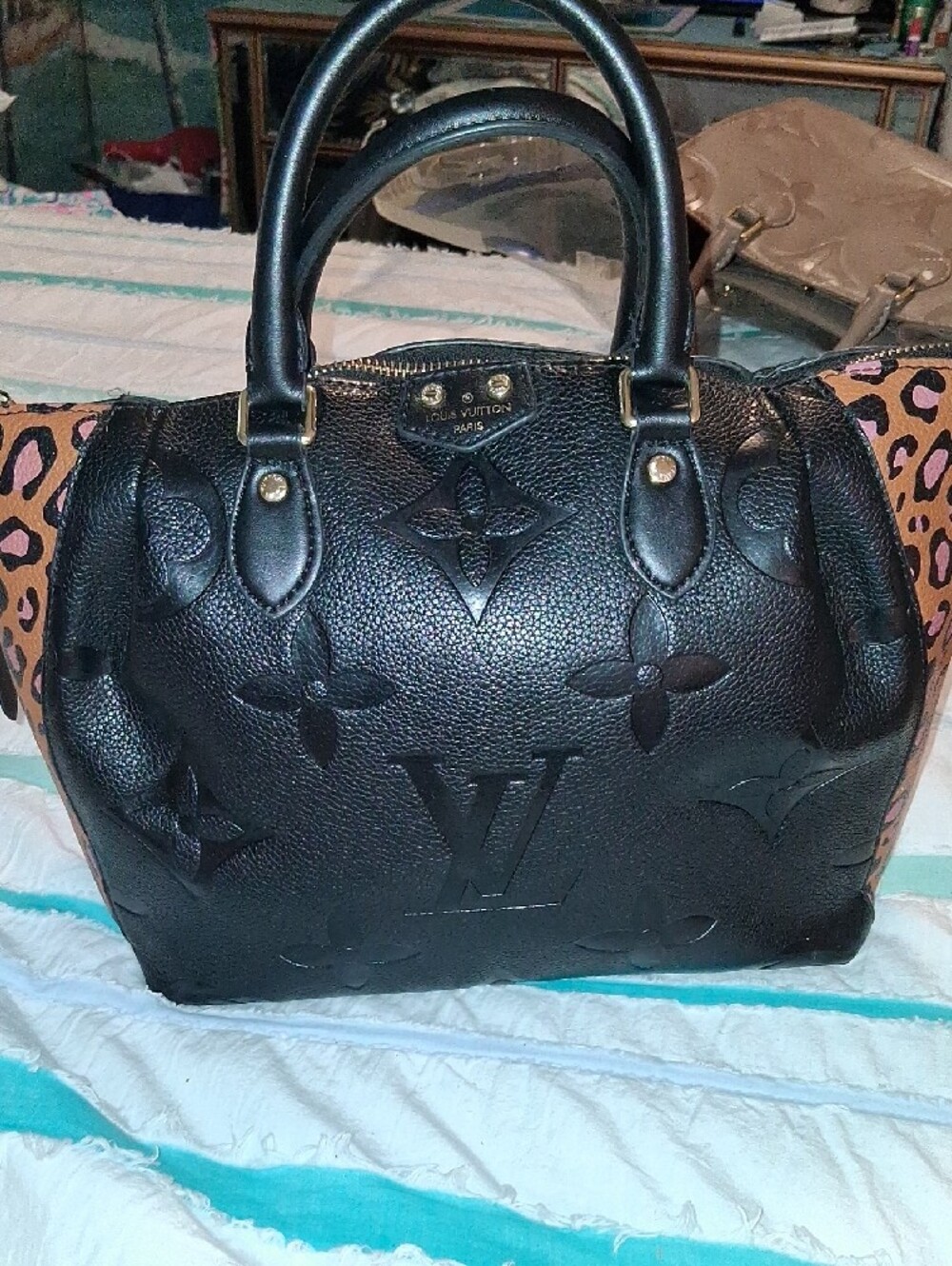 Black Embossed Monogram Purse with Leopard Side Panels, **No Bundle, Firm Price* - Picture 2 of 16